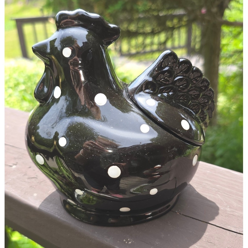 Temp-tations by Tara Polka Dot Black Ceramic Hen on Nest Lidded Candy Dish